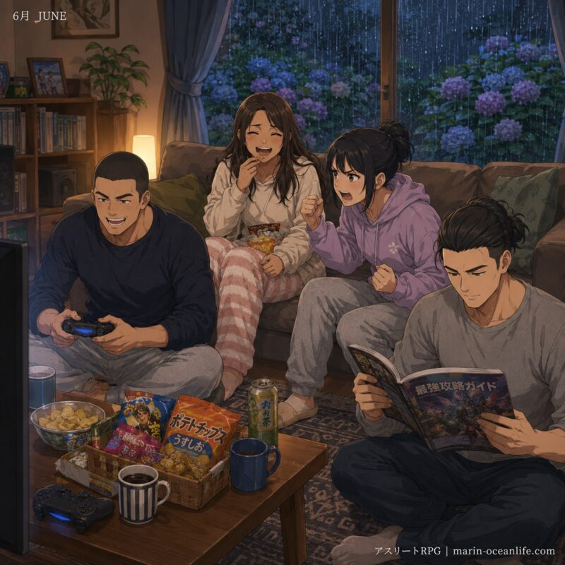 4人が雨の日に室内でゲーム大会をしている6月のイラスト