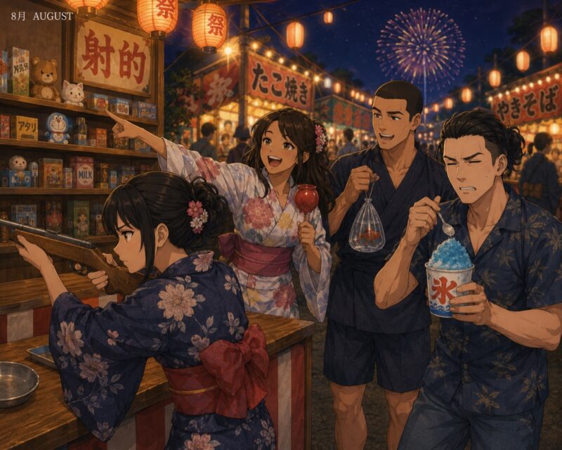 4人が夏祭りの射的で遊んでいる8月のイラスト