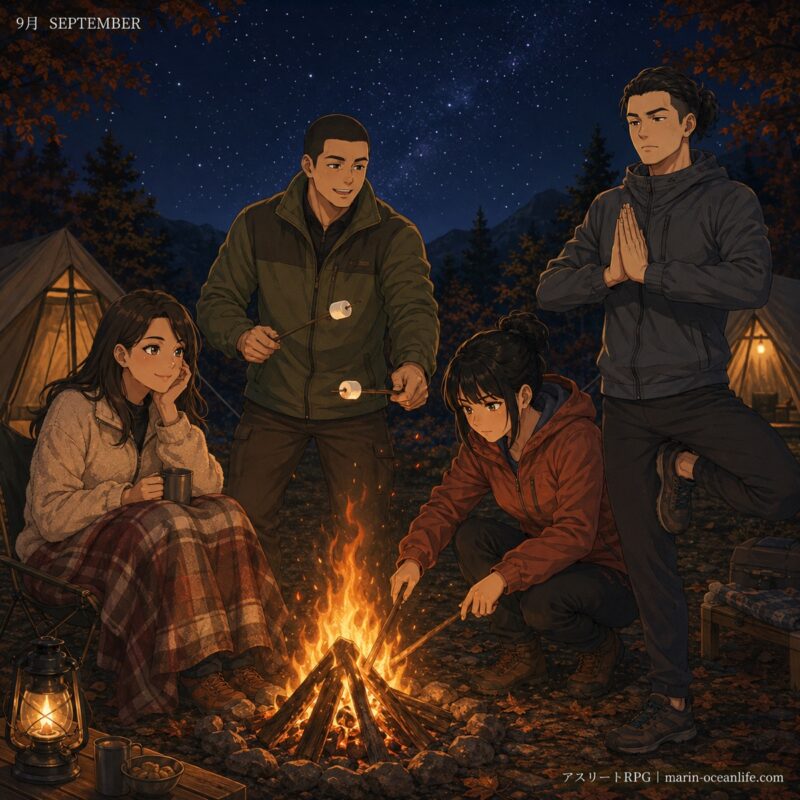 4人が焚き火を囲むキャンプをしている9月のイラスト