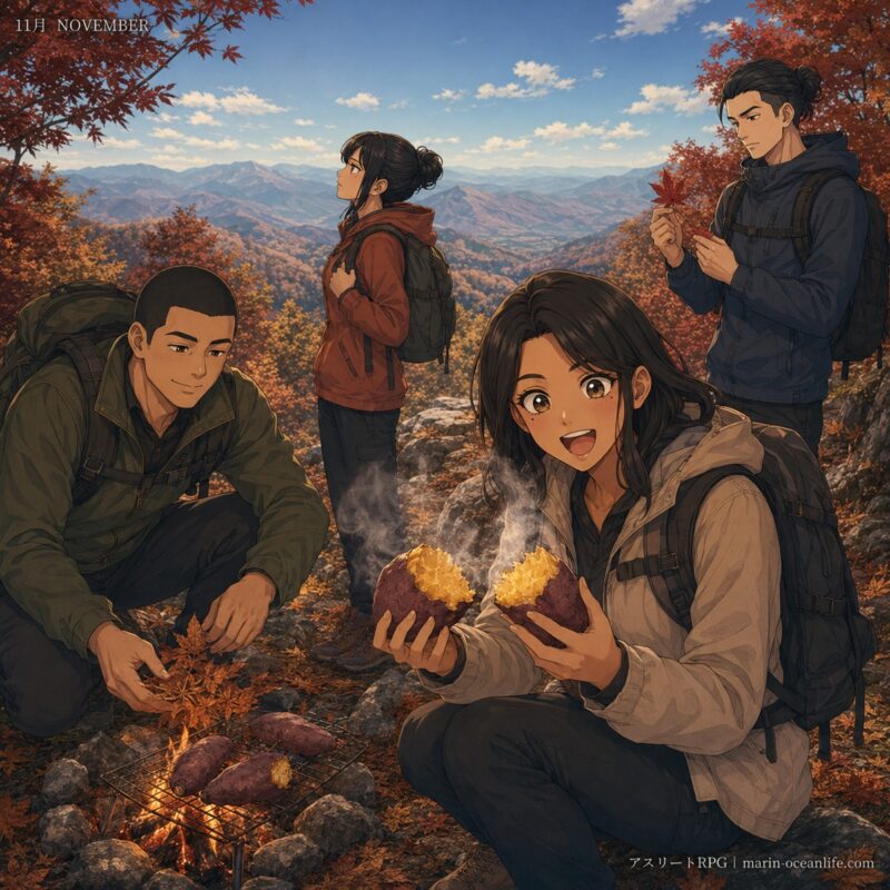 4人が紅葉の山で焼き芋をしている11月のイラスト