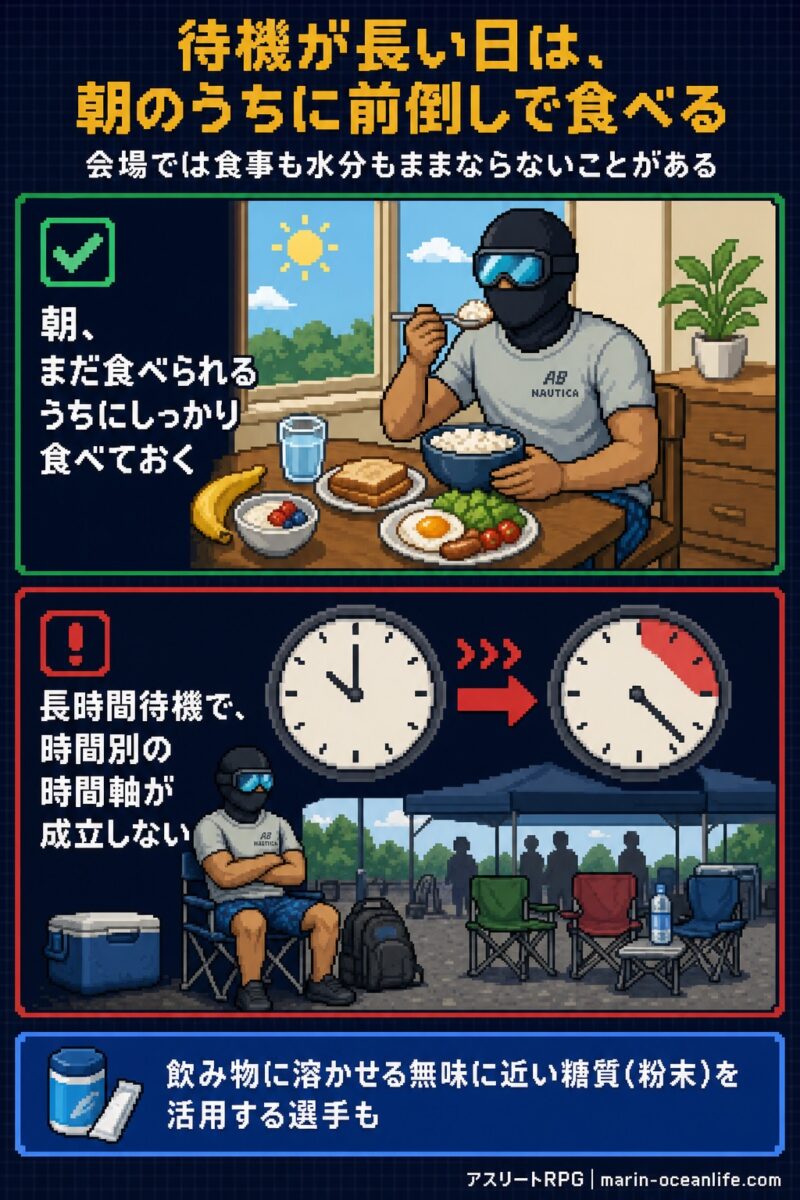 待機が長い日は朝のうちに前倒しで食べる。会場では食事も水分補給もままならないことがある