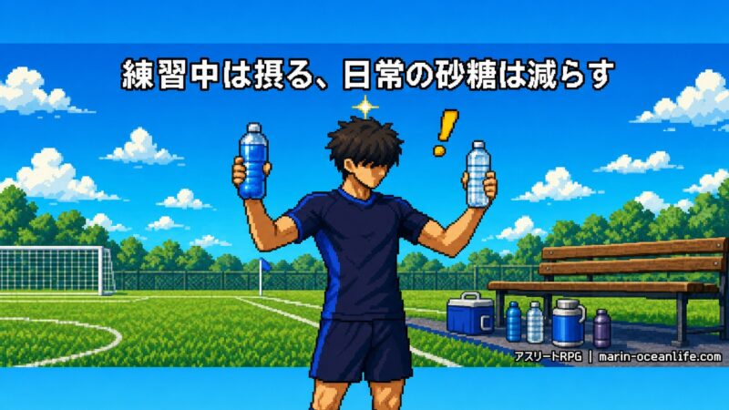 「練習中は摂る、日常の砂糖は減らす」— 練習中はスポーツドリンク、日常は水と迷いなく使い分けられるようになった匿名のトップサッカー選手のピクセルアート