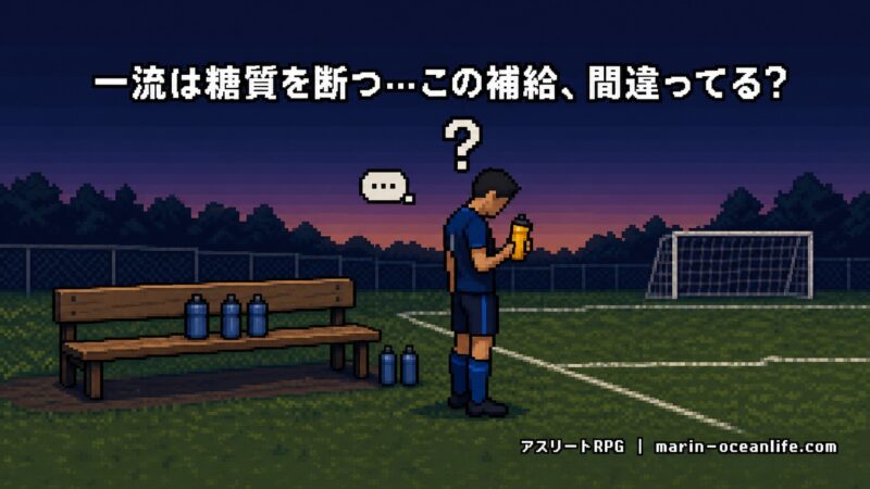 「一流は糖質を断つ…この補給、間違ってる?」と練習後のピッチサイドでスポーツドリンクを手に迷う匿名のトップサッカー選手のピクセルアート