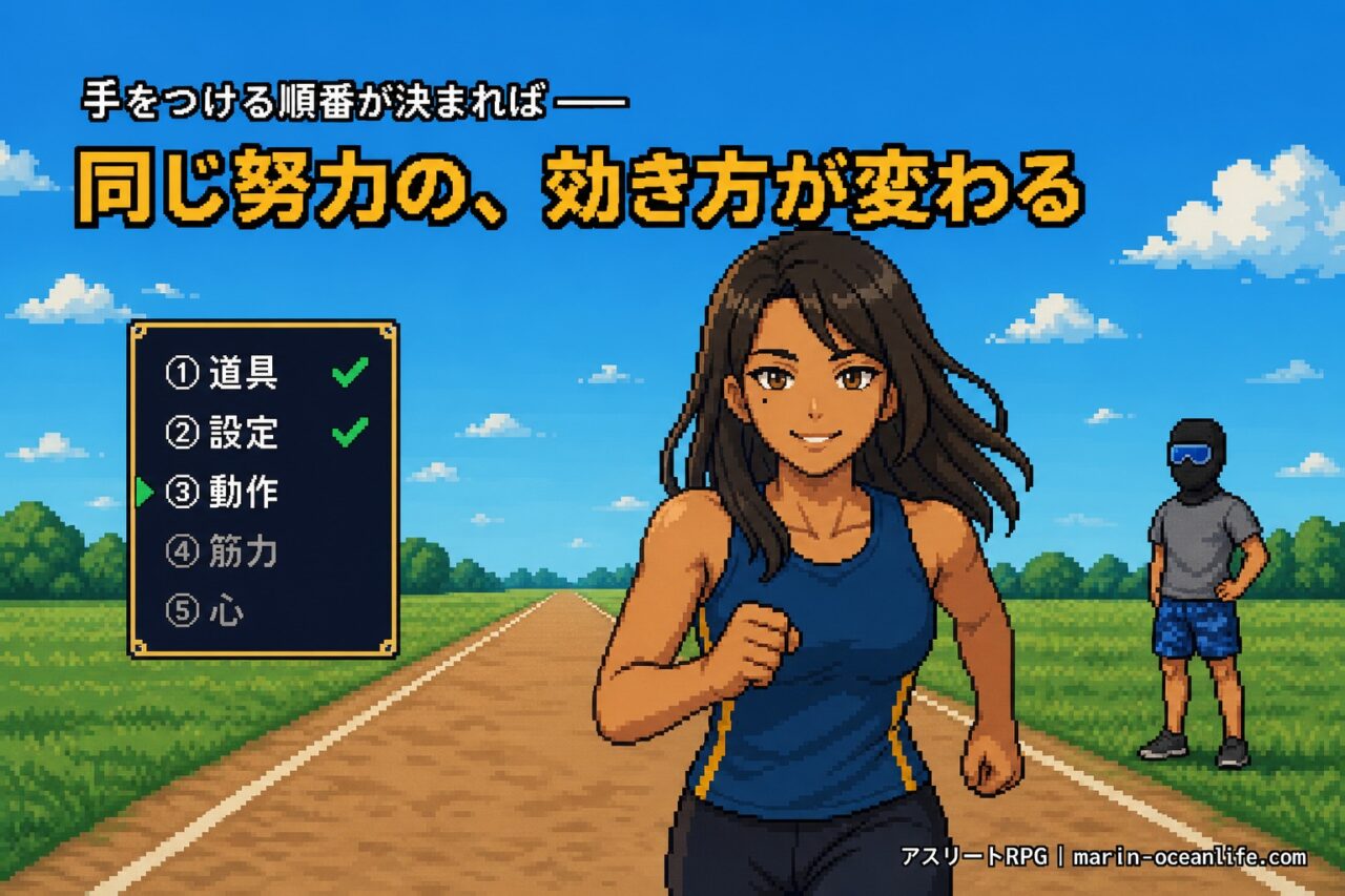 手をつける順番が決まり、道具と設定を固めて動作へ進んだゆっきーが走り出している