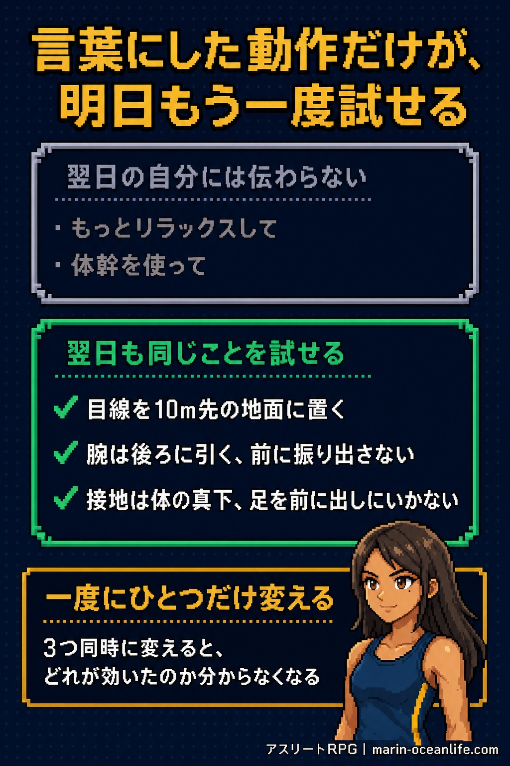 感覚のままの言葉は翌日に伝わらないが、目線・腕・接地を言葉にした動作は翌日も試せる