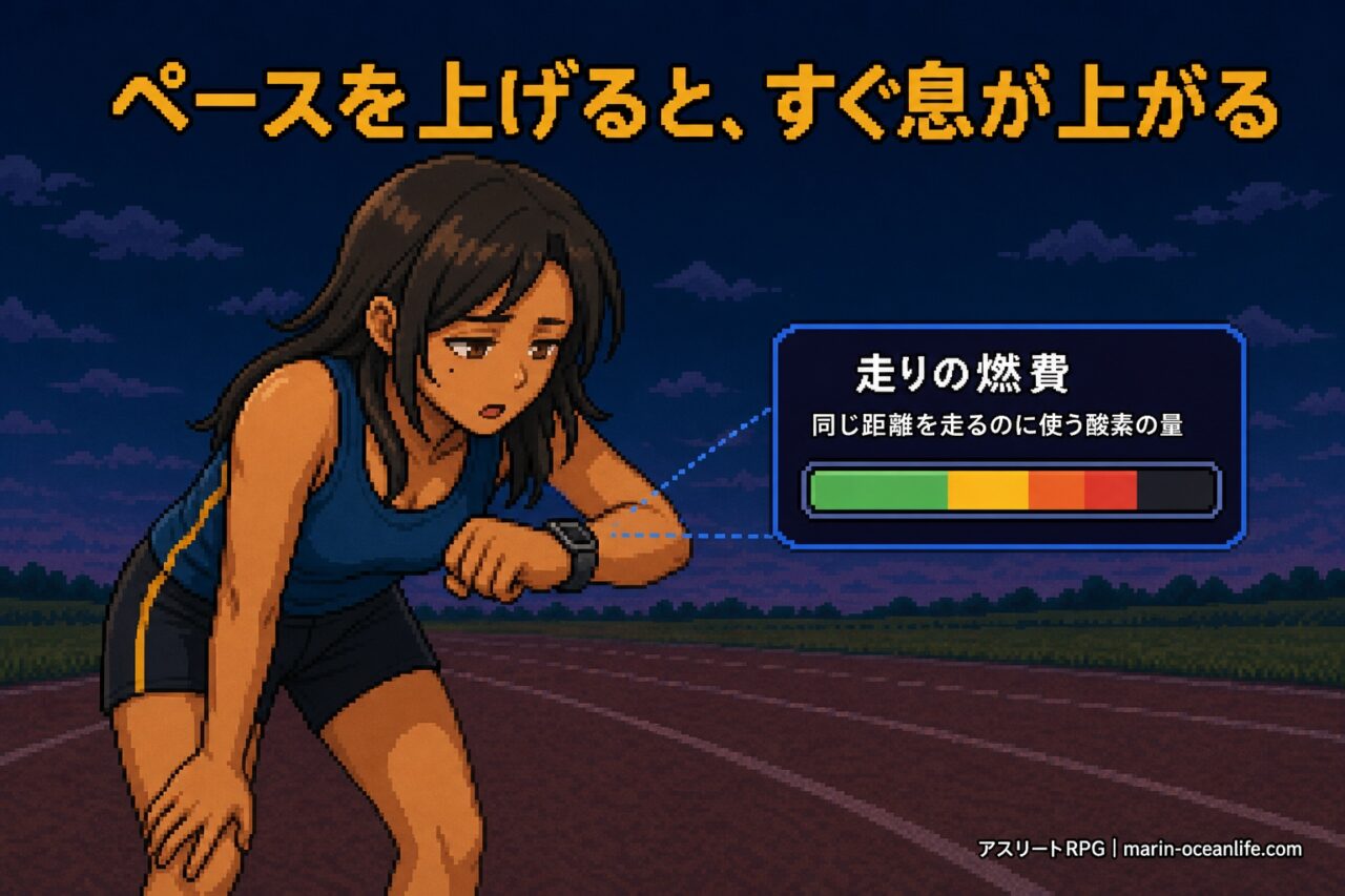 ペースを上げると、すぐ息が上がる。手首のウォッチに走りの燃費という数値が出ている