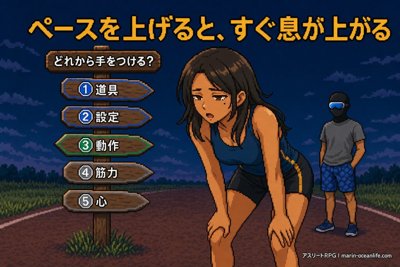 ペースを上げるとすぐ息が上がるゆっきーと、①道具②設定③動作④筋力⑤心の5方向を指す標識