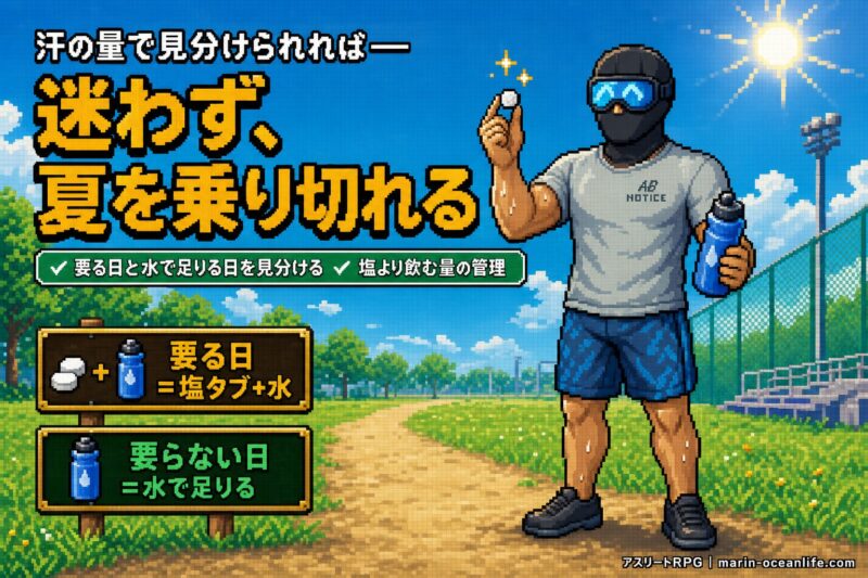 汗の量で見分けられれば迷わず夏を乗り切れる。要る日は塩タブ+水・要らない日は水で足りる