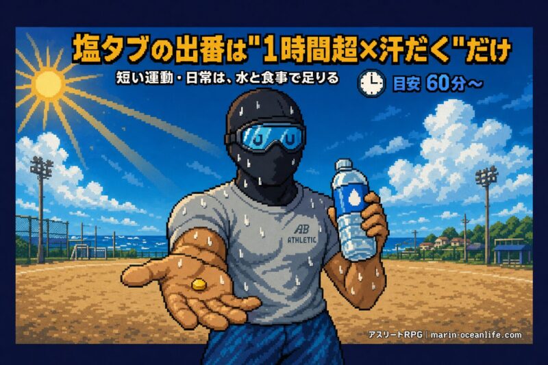 塩タブの出番は1時間を超えて汗だくになる時だけ。短い運動や日常は水と食事で足りる