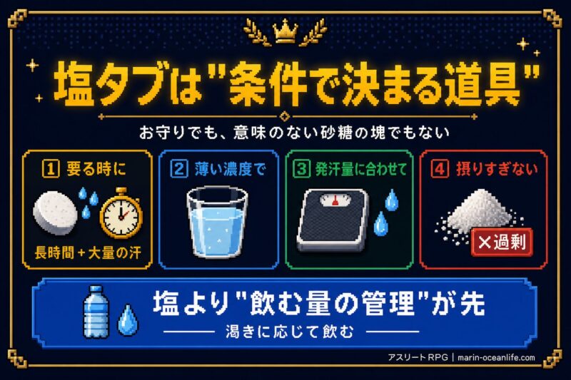 塩タブは条件で決まる道具。要る時に・薄い濃度で・発汗量に合わせて・摂りすぎない。塩より飲む量の管理が先