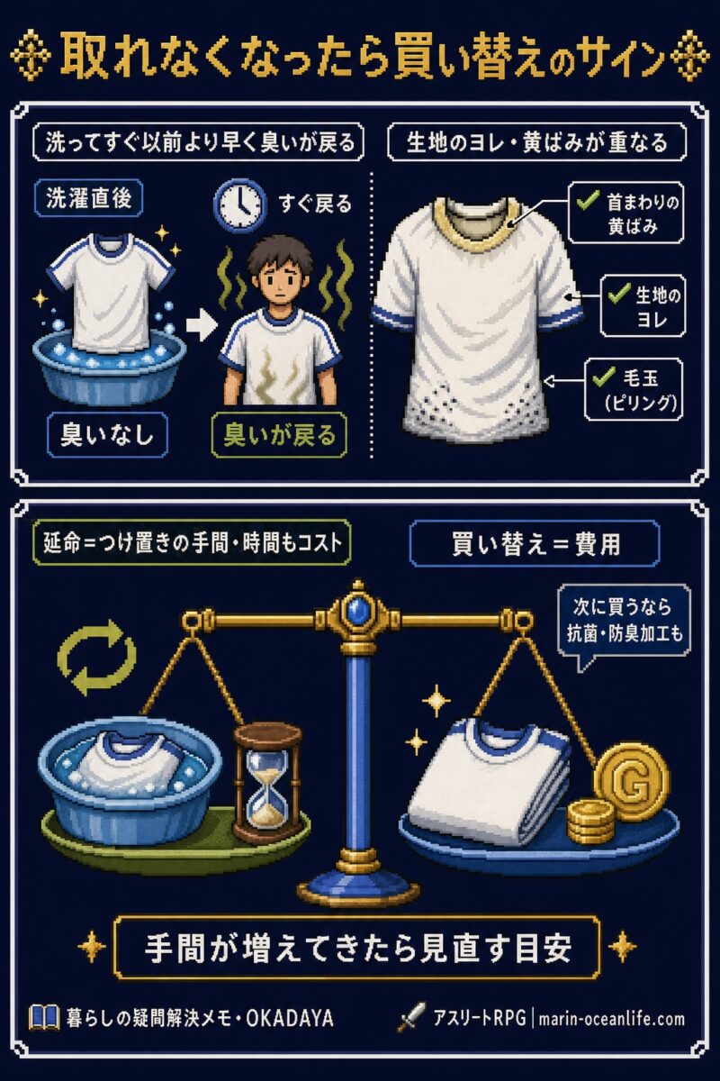 洗ってすぐ臭いが戻る・ヨレ/黄ばみが重なるのは繊維の劣化サイン。延命の手間と買い替え費用を天秤にかけて判断する。