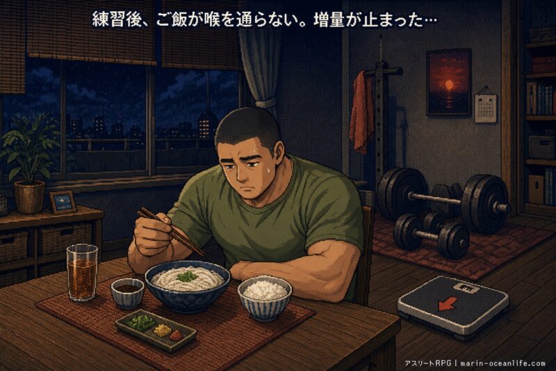 炎天下の練習・配達後、食卓のご飯が喉を通らず増量が止まって不安。