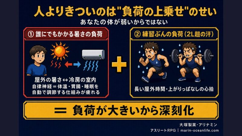 アスリートが一般人より夏バテが深刻になる、負荷の上乗せを示す図解