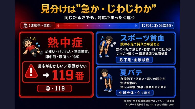 熱中症・スポーツ貧血・夏バテの見分け方を示す図解