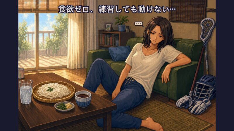 食欲がなく練習しても動けない夏バテの悩みを表すイメージ