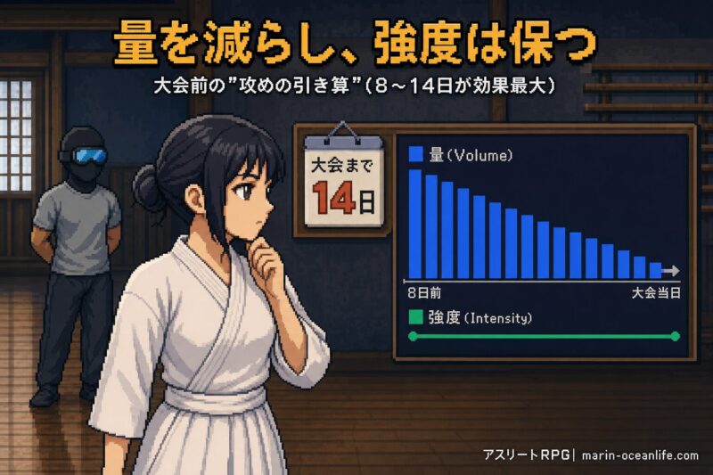 大会まで14日、七海が練習量を減らし強度を保つ攻めの引き算を判断する場面。奥に覆面アスリートが見守る