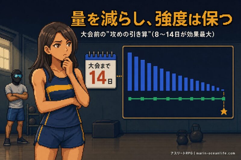 大会まで14日、ゆっきーが練習量を減らし強度を保つ攻めの引き算を判断する場面。奥に覆面アスリートが見守る