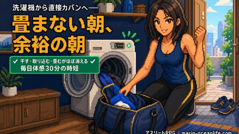 洗濯機から直接カバンへ――余裕の朝。干す・取り込むがほぼ消え、畳む量も減らせる。毎日体感30分の時短