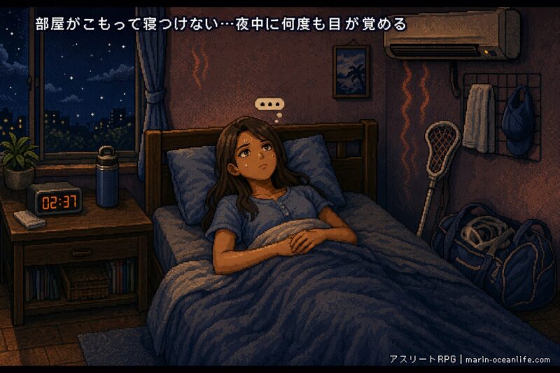 夜練から帰ると部屋がこもって寝つけず、夜中に何度も目が覚める。