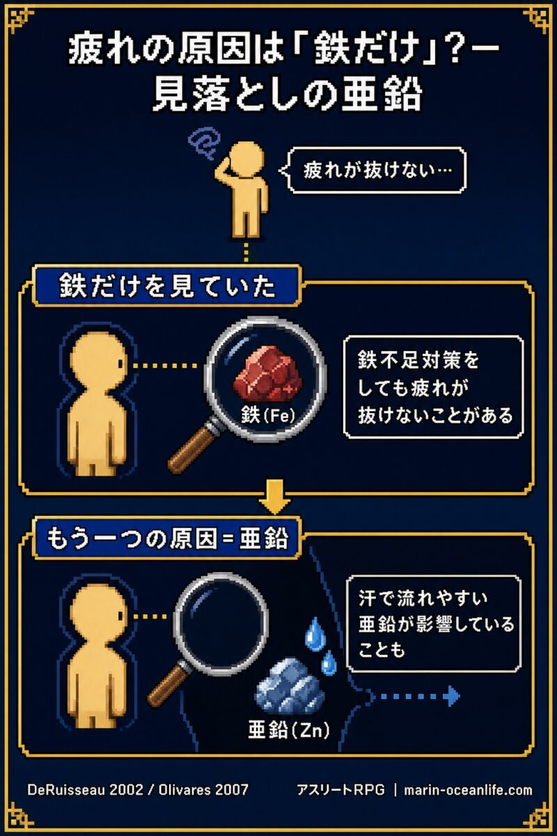 原因を鉄だけに絞ると、汗で流れる亜鉛という見落としに気づけないことを示す図解