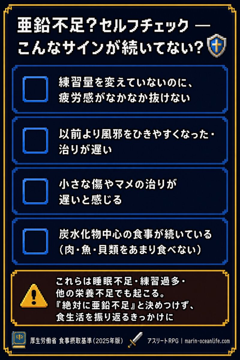 疲れが抜けない・風邪をひきやすい・傷の治りが遅いなど亜鉛不足のセルフチェック項目