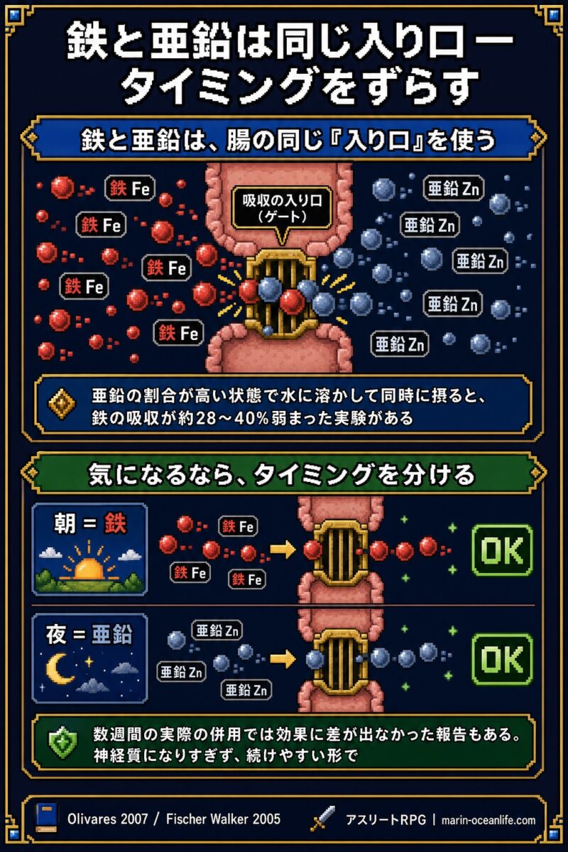鉄と亜鉛は腸で同じ吸収の入り口を奪い合うため、朝に鉄・夜に亜鉛とタイミングを分けることを示す図解