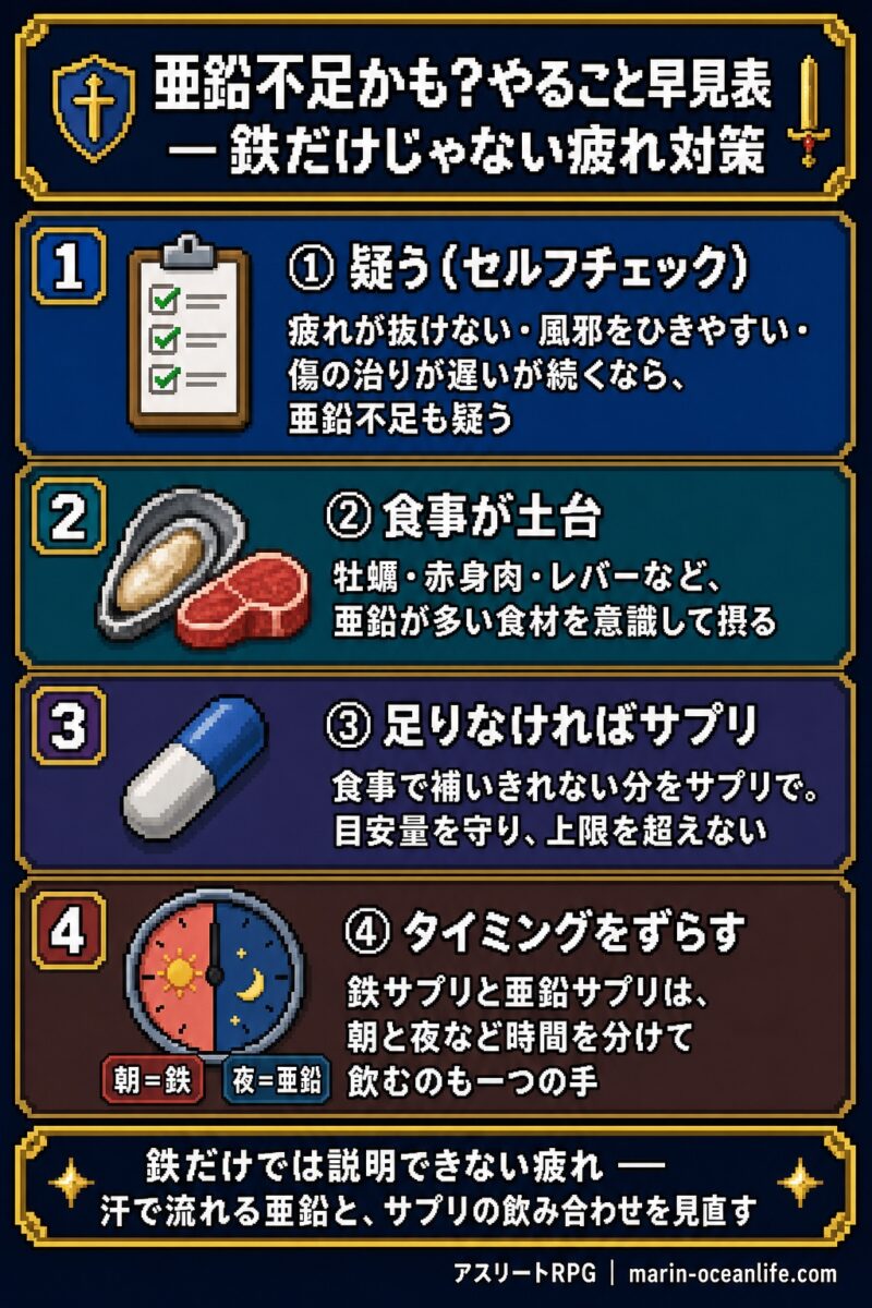 亜鉛不足かもと思ったらやること早見表(疑う→食事→サプリで補う→タイミングをずらす)