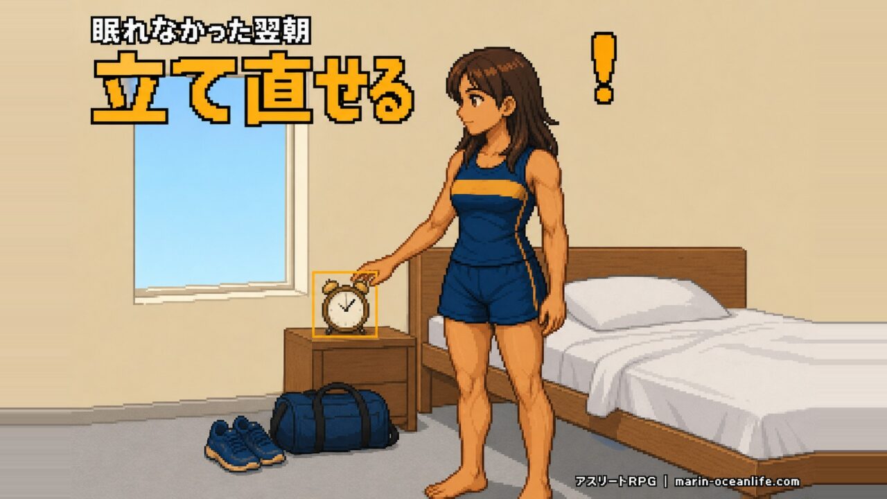 眠れなかった翌朝、同じ寝室で決めた時刻に起きて立っているゆっきー。窓の外は朝の空