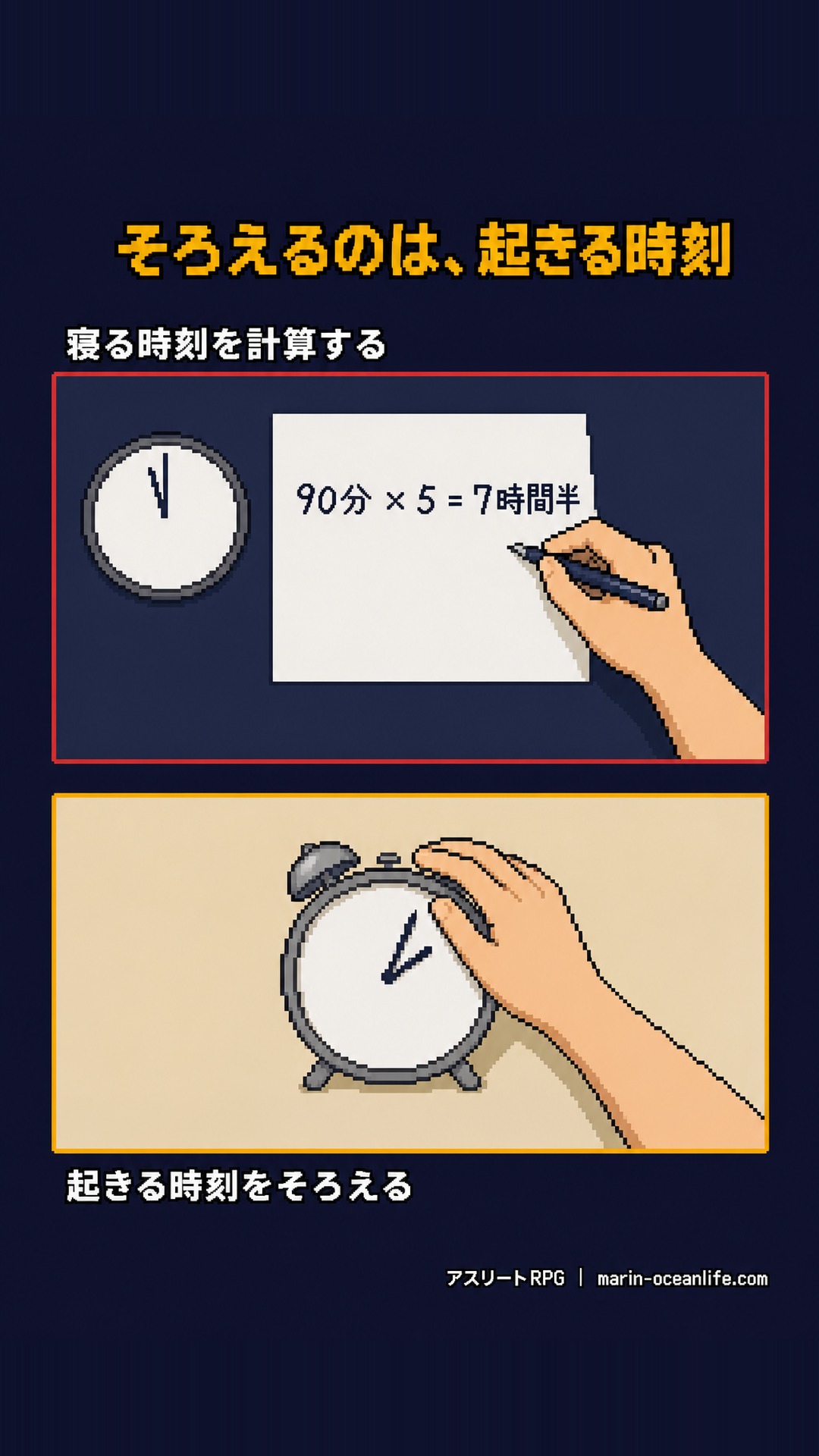 寝る時刻を計算して狙うのをやめ、そろえるのは起きる時刻にする。夜の計算メモと朝の目覚まし時計の対比