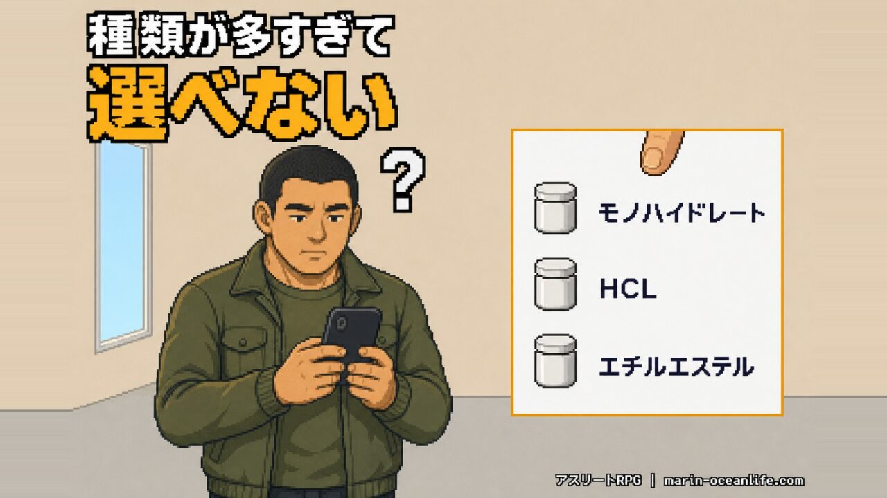 商品一覧に並んだ3つの名前の上で指が止まっている岸くん。値段ではなく、種類の違いが分からなくて選べない