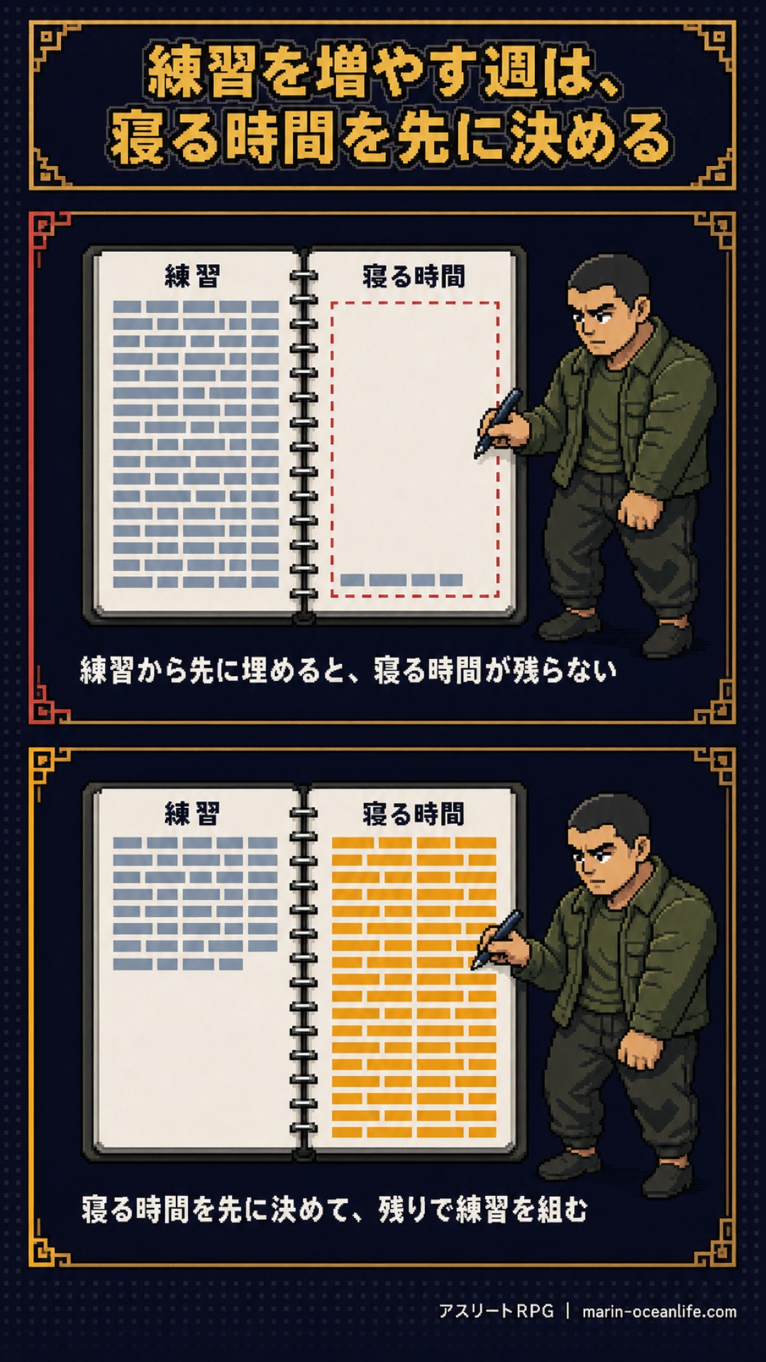 練習を増やす週は、寝る時間を先に決める。手帳の練習欄と睡眠欄の順番の違い