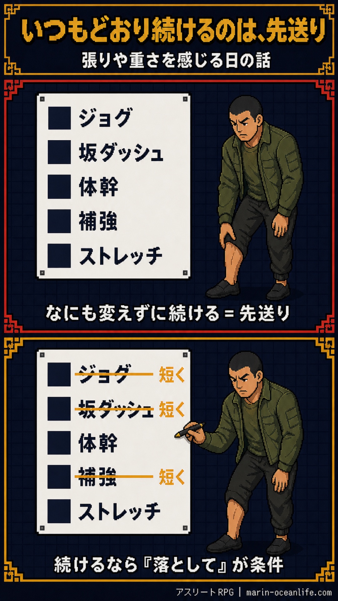 練習メニュー表に手を入れずに続けるのは先送り。張りを感じる日はジョグ・坂ダッシュ・補強を短くして続けるのが条件