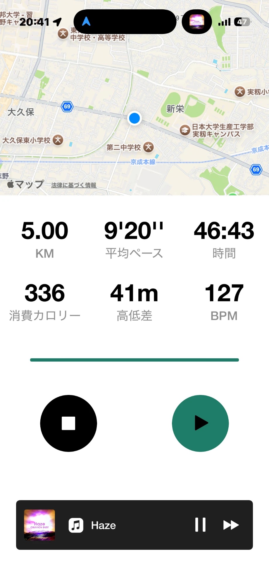 NIKE Run Clubの走行中の記録画面。地図上に現在地が表示され、距離5.00km・平均ペース9分20秒・時間46分43秒・消費カロリー336・高低差41m・心拍数127が並んでいる