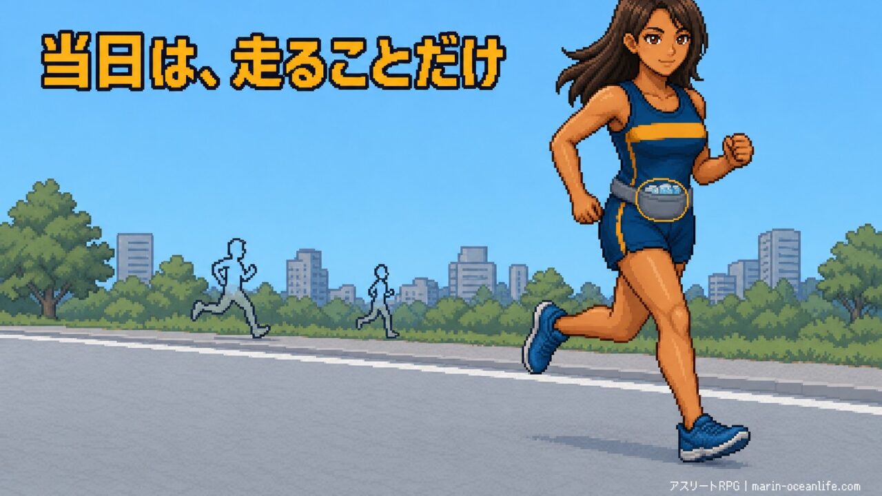 決めた補給食は全部腰のポーチに収まって、明るい当日の朝、走ることだけに集中して走る