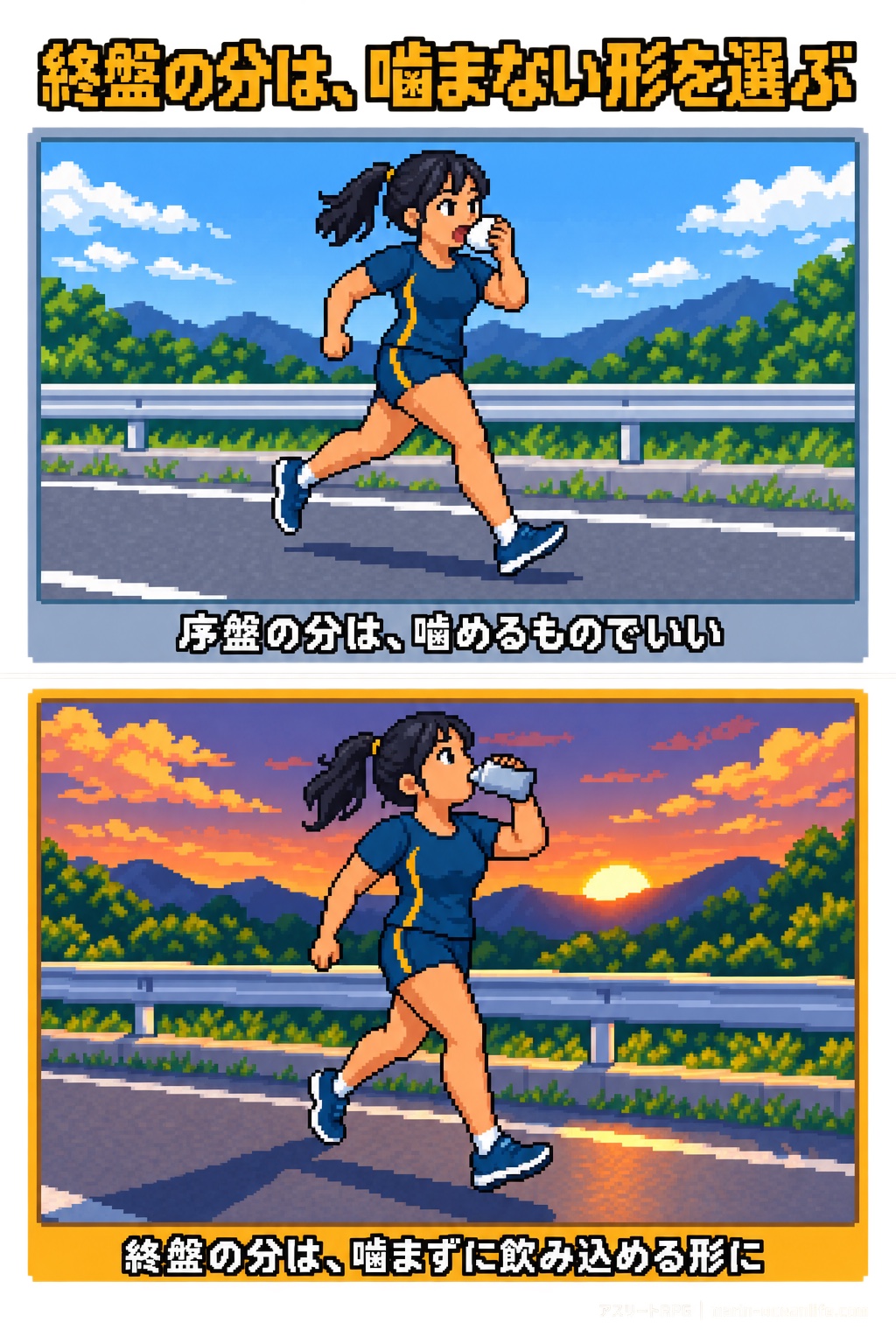 序盤の分は噛めるものでいい、終盤の分は噛まずに飲み込める形を選ぶ、という走る場面の対比図