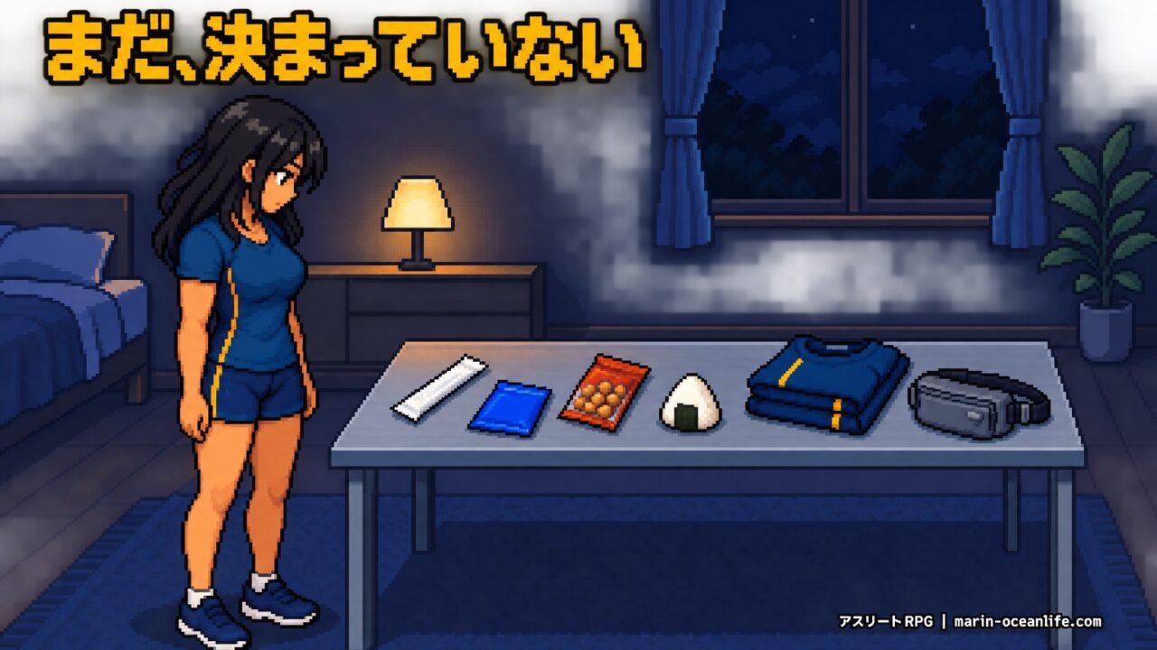 前日の夜、机に並べた補給食の候補を前に、何をいくつ持つかまだ決まっていない