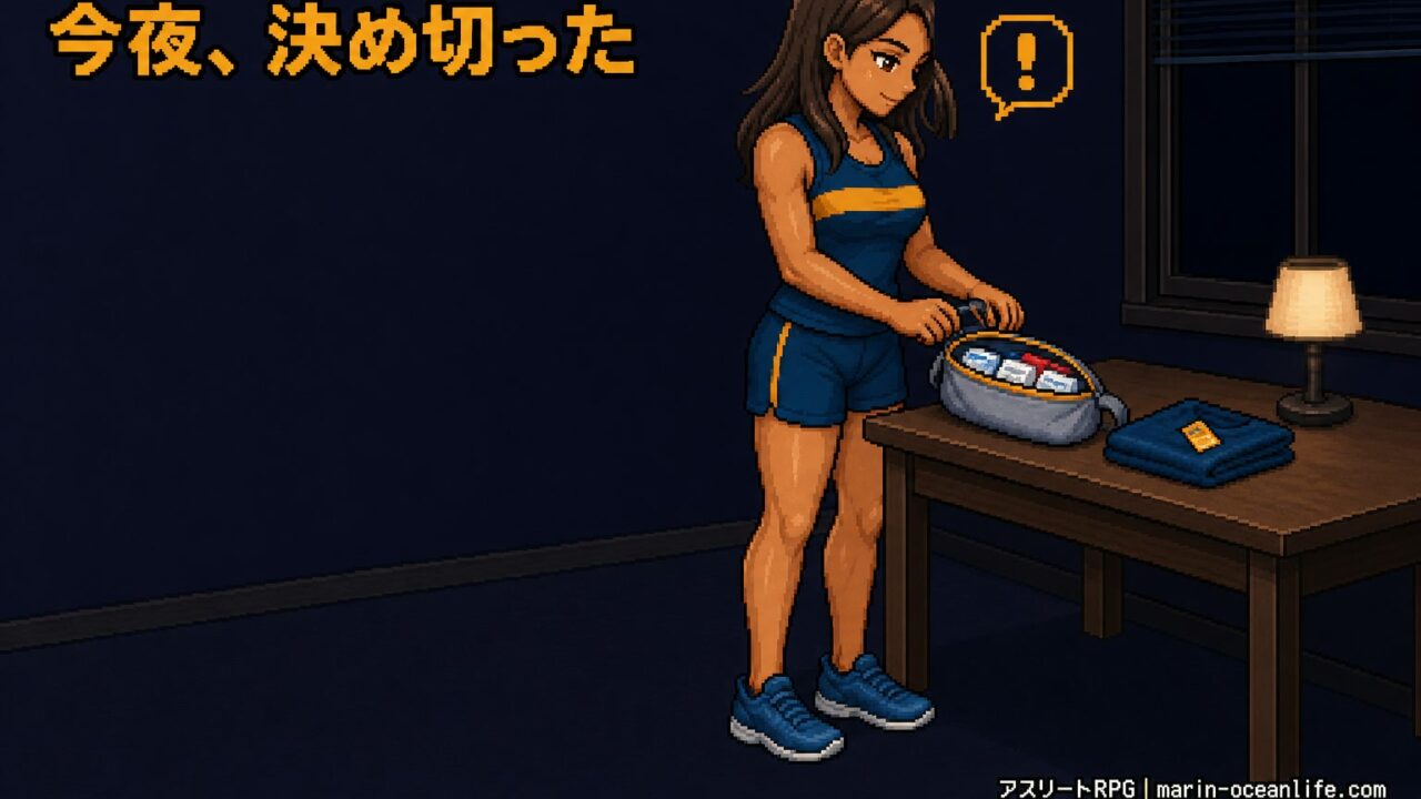 前日の夜、ウエストポーチに補給食が全部収まり、何をいくつどこに入れるかが決まった場面