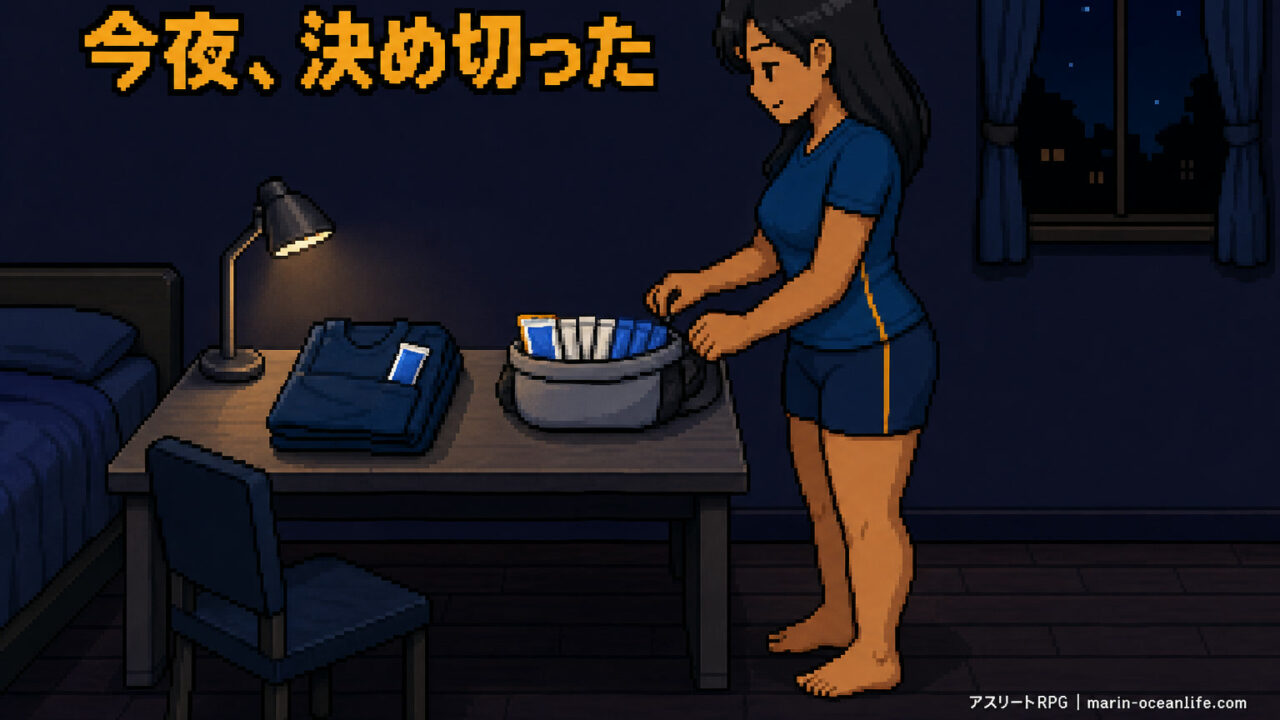前日の夜、ウエストポーチに補給食を詰め終えて、当日の段取りが決まった場面