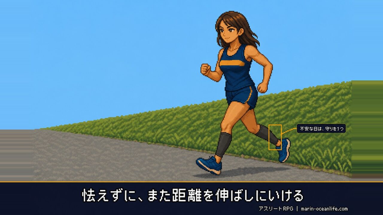 張りに怯えず、また距離を伸ばしにいける。不安な日は守りを1つ足して走り出す