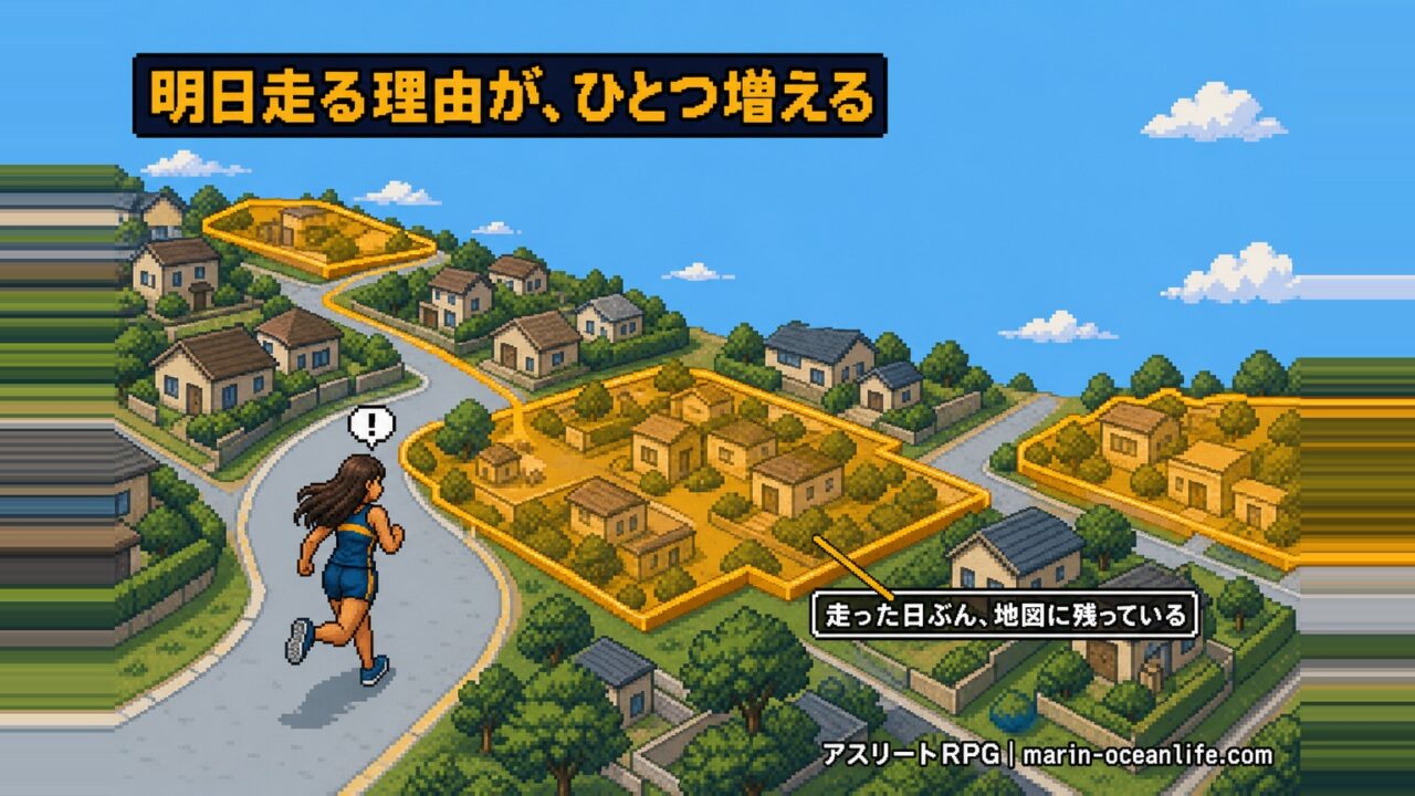 走った日ぶんの陣地が街の地図に金色で残り、明日走る理由が増えている場面