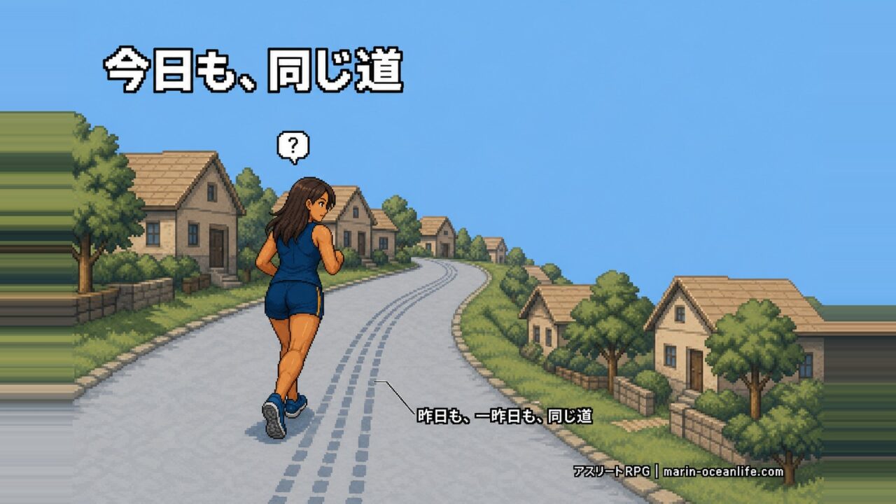 同じ道を何度もなぞって走っているが、路面には走った跡が何も残っていない住宅街の場面