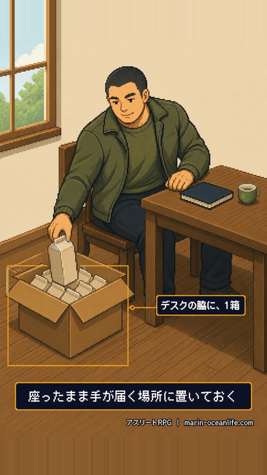置き場所はデスクの脇でいい。座ったまま手が届く場所に1箱あれば、寄れなかった日にも1本ある