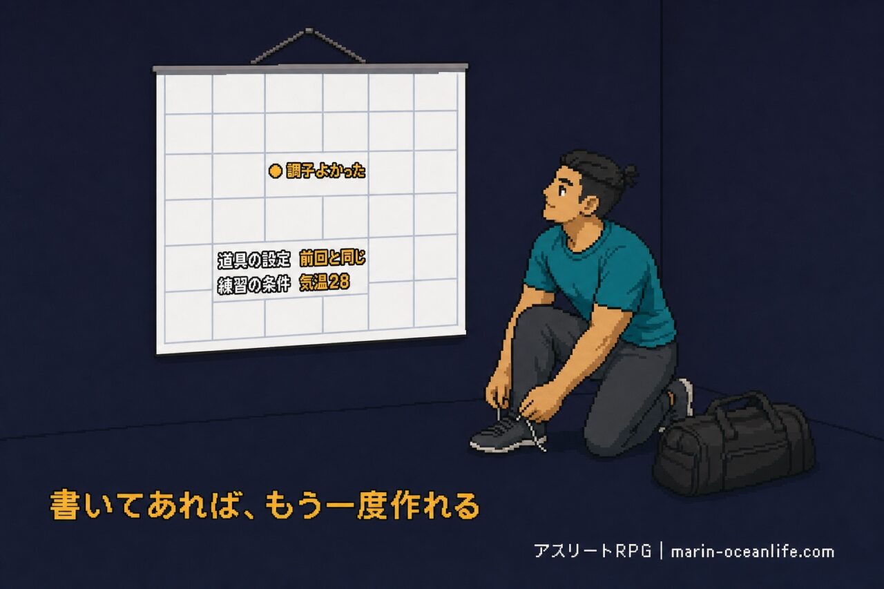 書いてあるから、先週の良かった状態を今日もう一度組み立て直せる