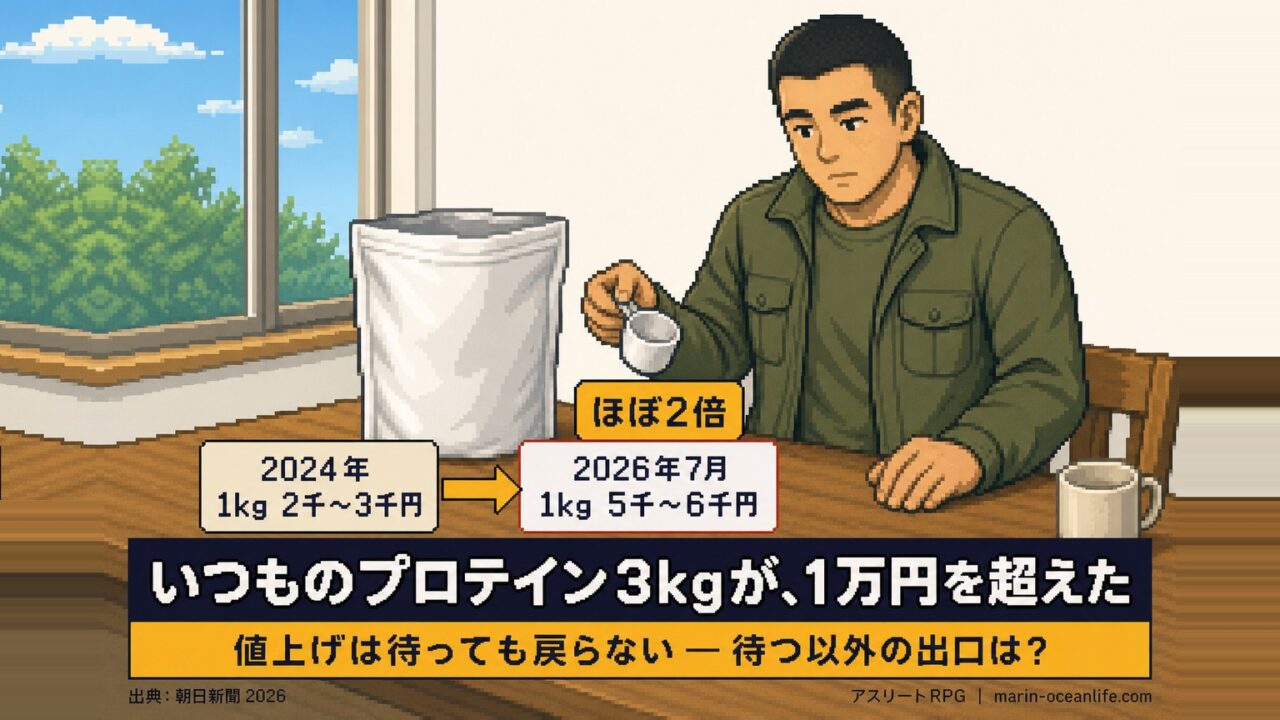 2024年に1kg2千〜3千円だったプロテインが2026年7月には5千〜6千円とほぼ2倍になり、いつもの3kgが1万円を超えた