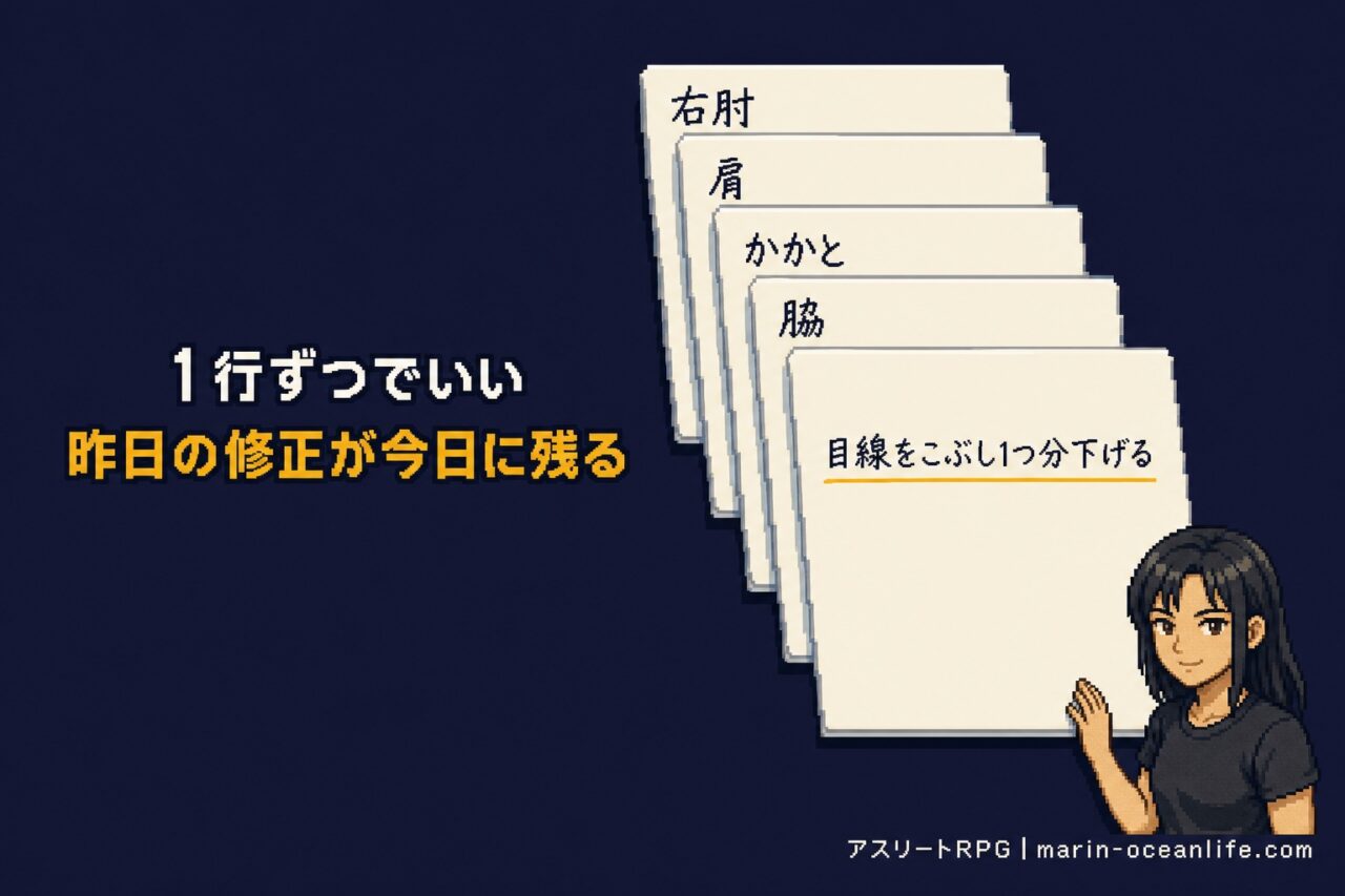 1行ずつでも、昨日の修正が今日に残っていれば練習は前へ進む