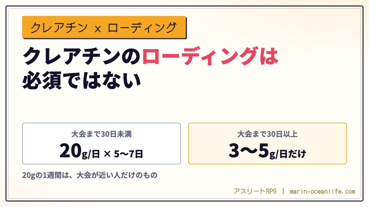 クレアチンのローディングは必須ではない|1日3〜5gを4週間で同じ量に届く。20gの1週間は大会日から決める