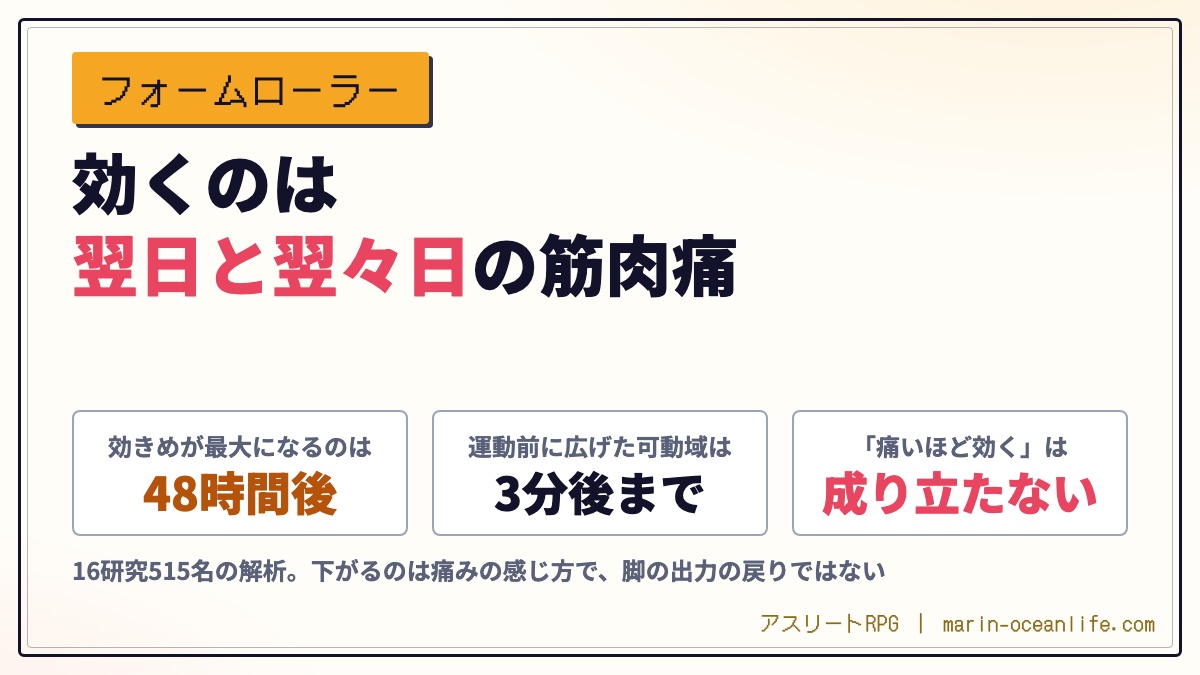 フォームローラーが効くのは翌日と翌々日の筋肉痛|運動前と運動後で、当てる目的が変わる