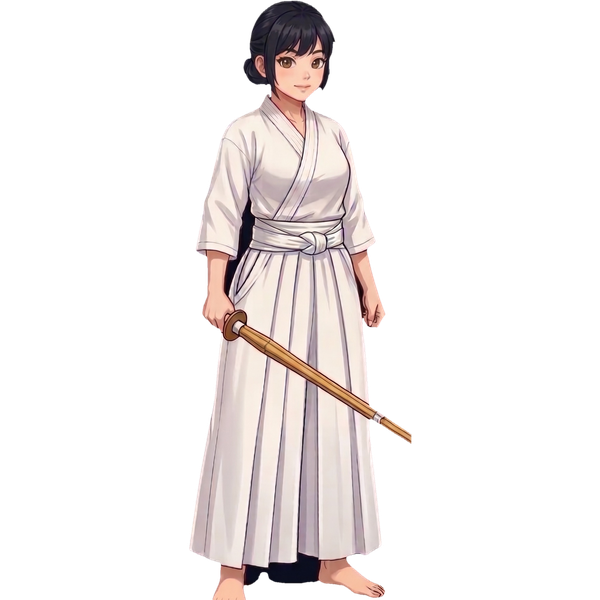 白い稽古着で竹刀を持つ七海