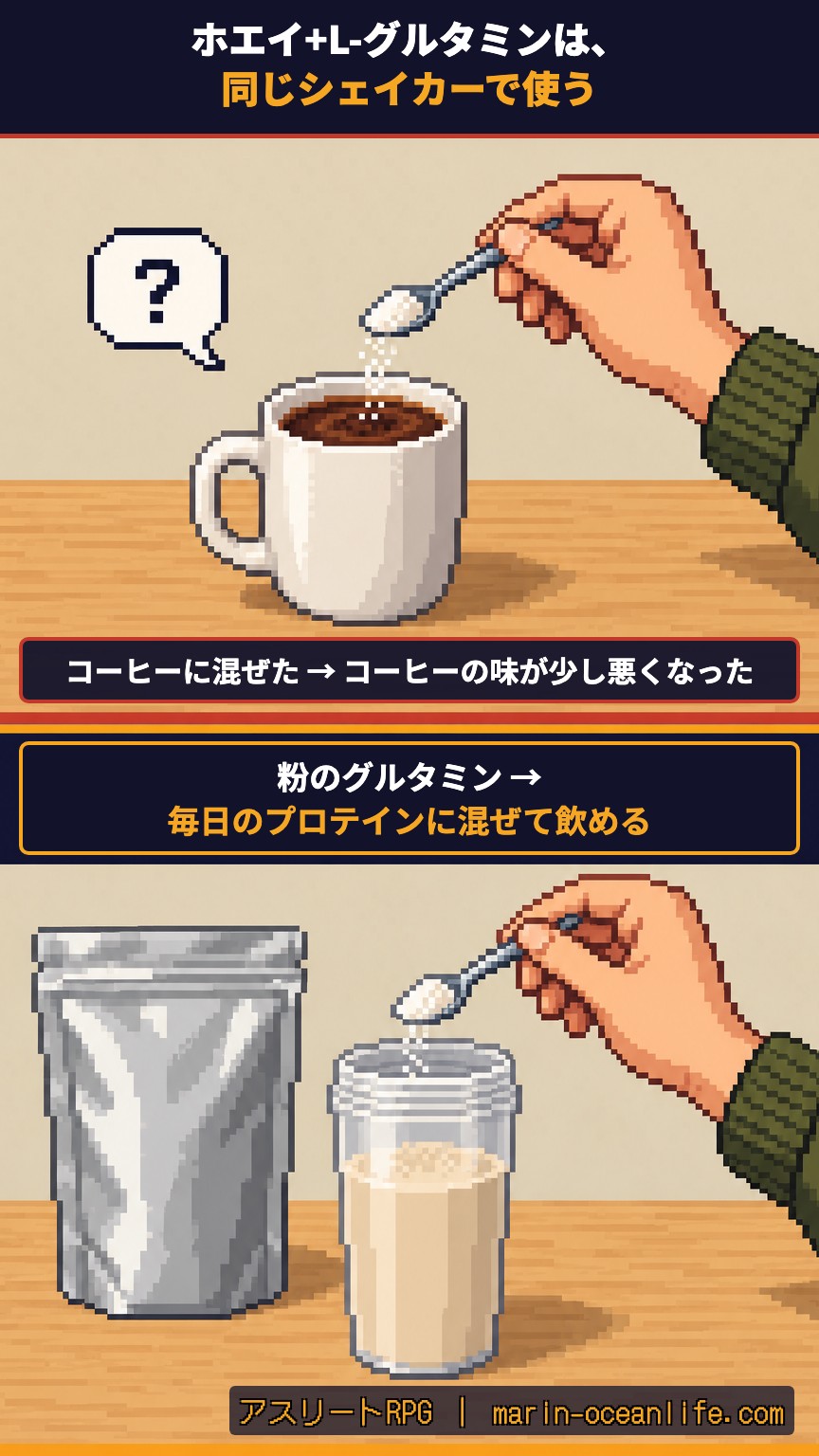 粉のL-グルタミンをコーヒーではなくプロテインのシェイカーに混ぜる手元の比較
