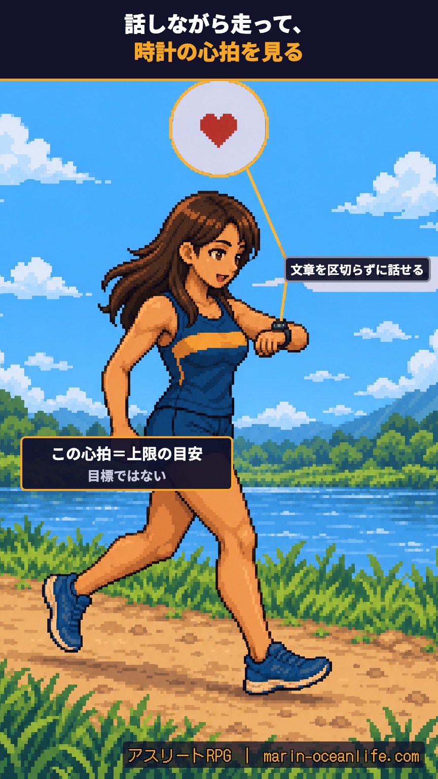 文章を区切らずに話しながら走り、その時の心拍を時計で見て、ゾーンの上限の目安にする場面